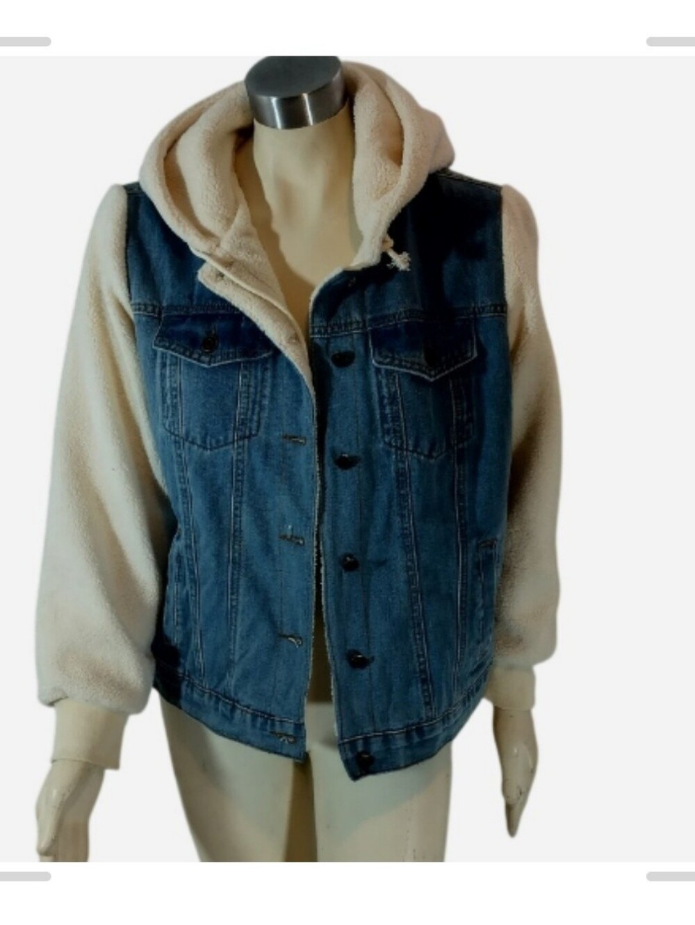 & Other Stories Blue Denim Jacket with Cream Sherpa Hood